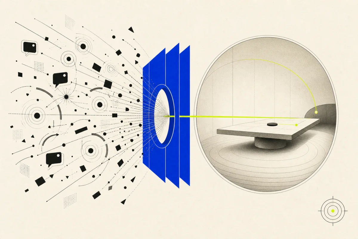 Distraction signals passing through a blue filter into a quiet, protected focus chamber.