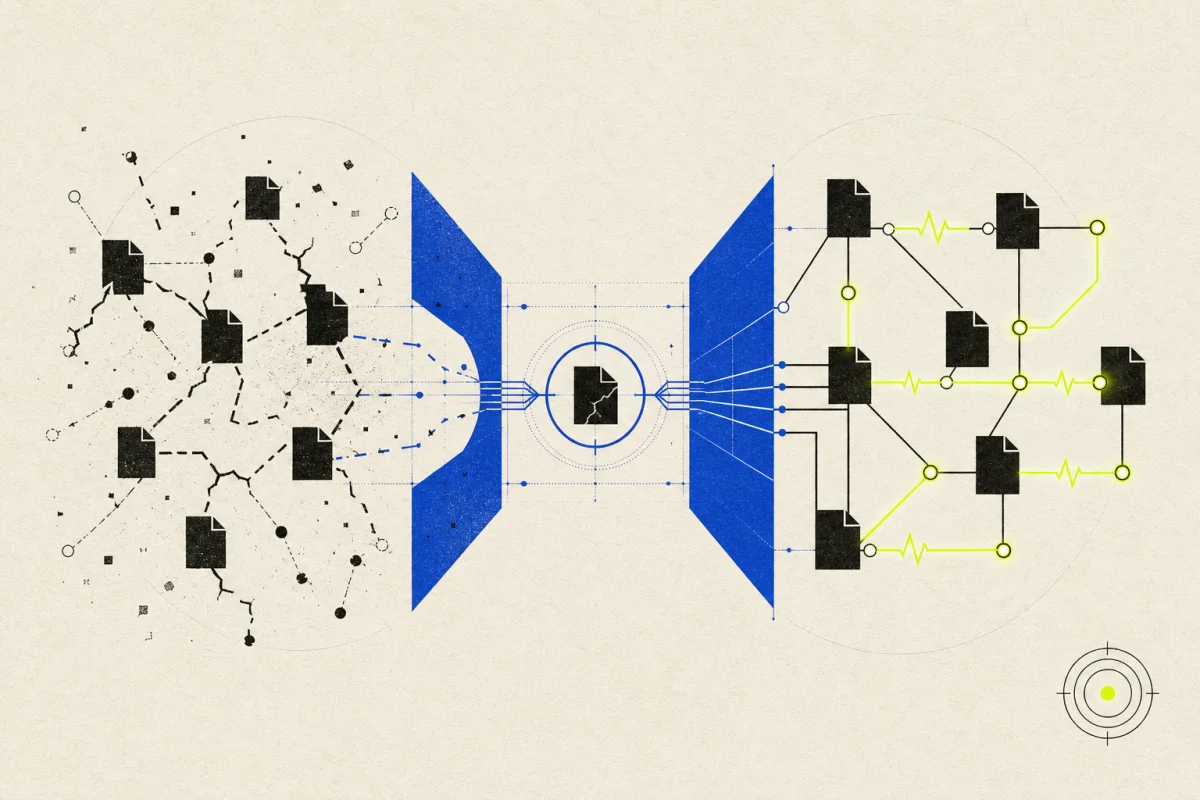 A fractured software graph passing through a diagnostic bridge and reconnecting as a verified repository.